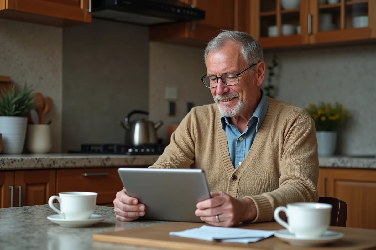 Homme senior utilisant une tablette dans une cuisine chaleureuse