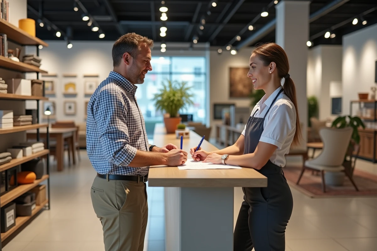 Homme signant contrat de location dans magasin de meubles