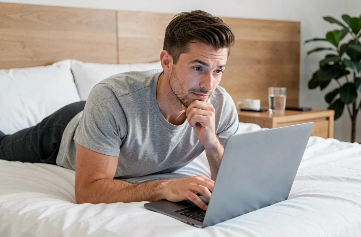 Homme consultant un catalogue de streaming sur son ordinateur portable allongé sur son lit