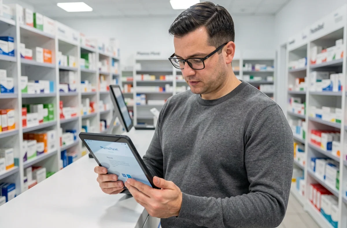 Homme consultant le plan du site Pharma Planet sur une tablette dans une pharmacie moderne