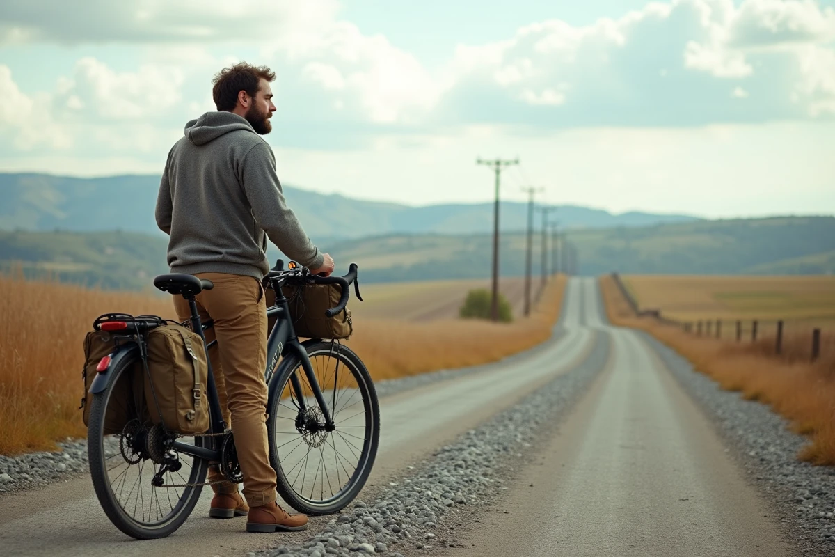 Homme à vélo chargé en campagne au bord d
