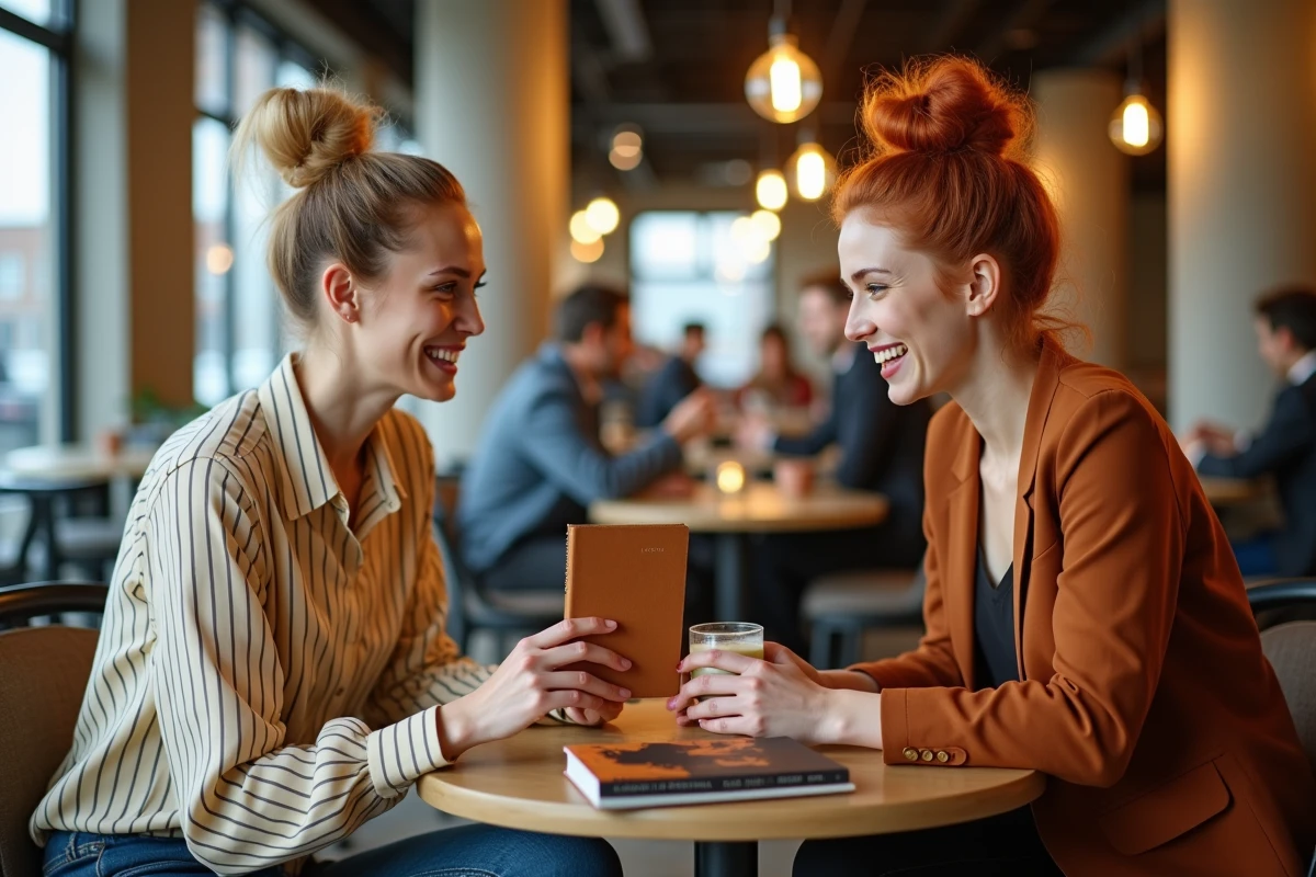 Deux amies découvrant ensemble des idées cadeaux originales autour d'une table dans un café urbain