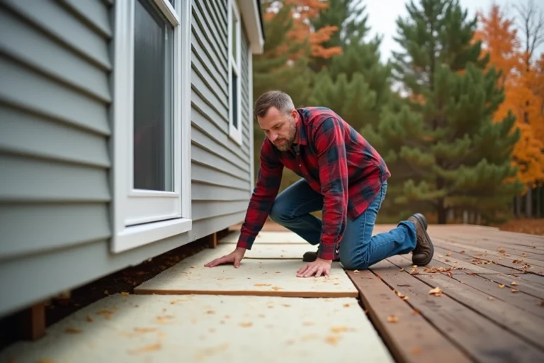 Hommes installant l'isolation sous un mobile home en automne