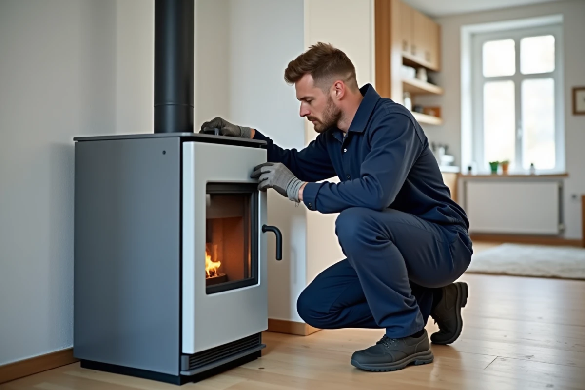 Technicien professionnel en train d'installer un poêle à pellets dans un appartement moderne à Caen