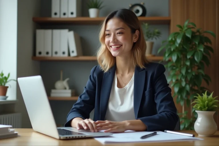 Jeune femme professionnelle souriante au bureau moderne