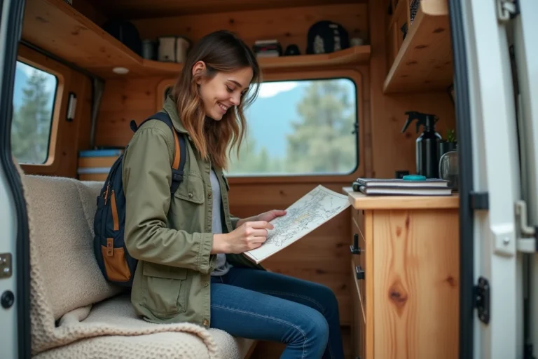 Jeune femme souriante dans un van aménagé en camping