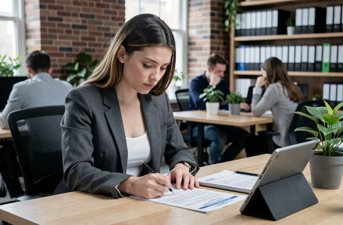 Une jeune femme remplit seule un dossier de demande de crédit immobilier dans un espace de coworking moderne