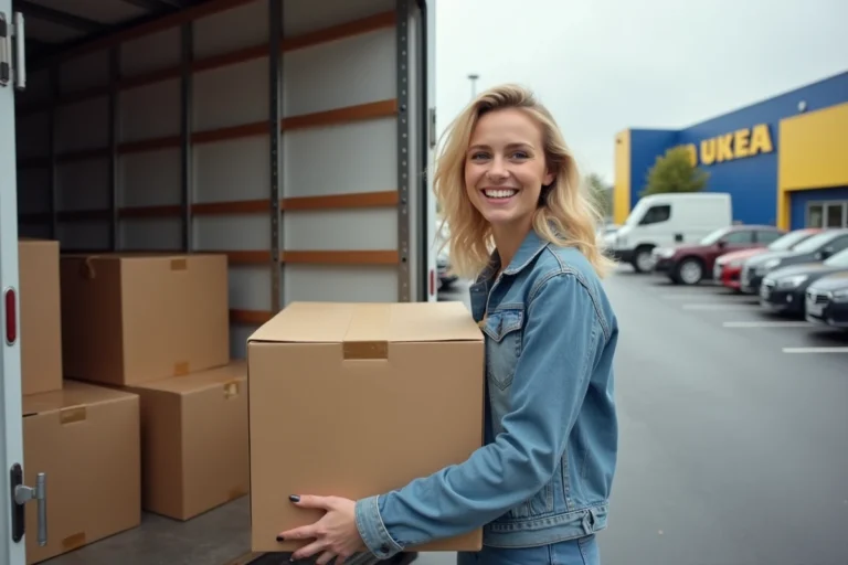 Jeune femme souriante en démenagement avec camion et meubles