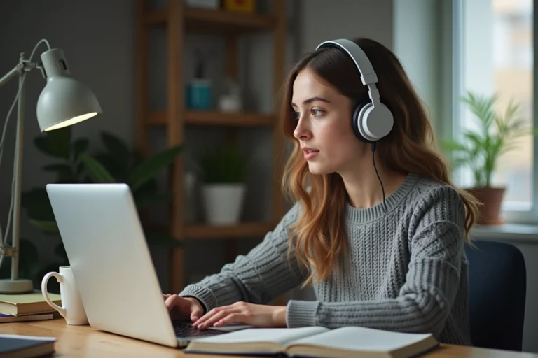 Jeune femme avec casque sur un ordinateur portable en étudiant