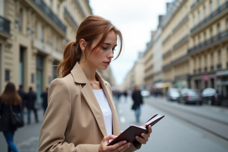 Jeune femme à Paris avec un manteau beige et carnet