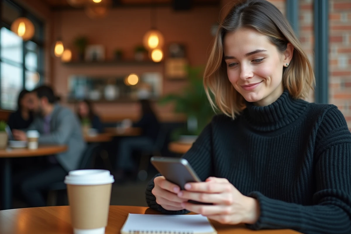 Jeune femme vérifiant le suivi de son dossier CNAPS sur smartphone dans un café