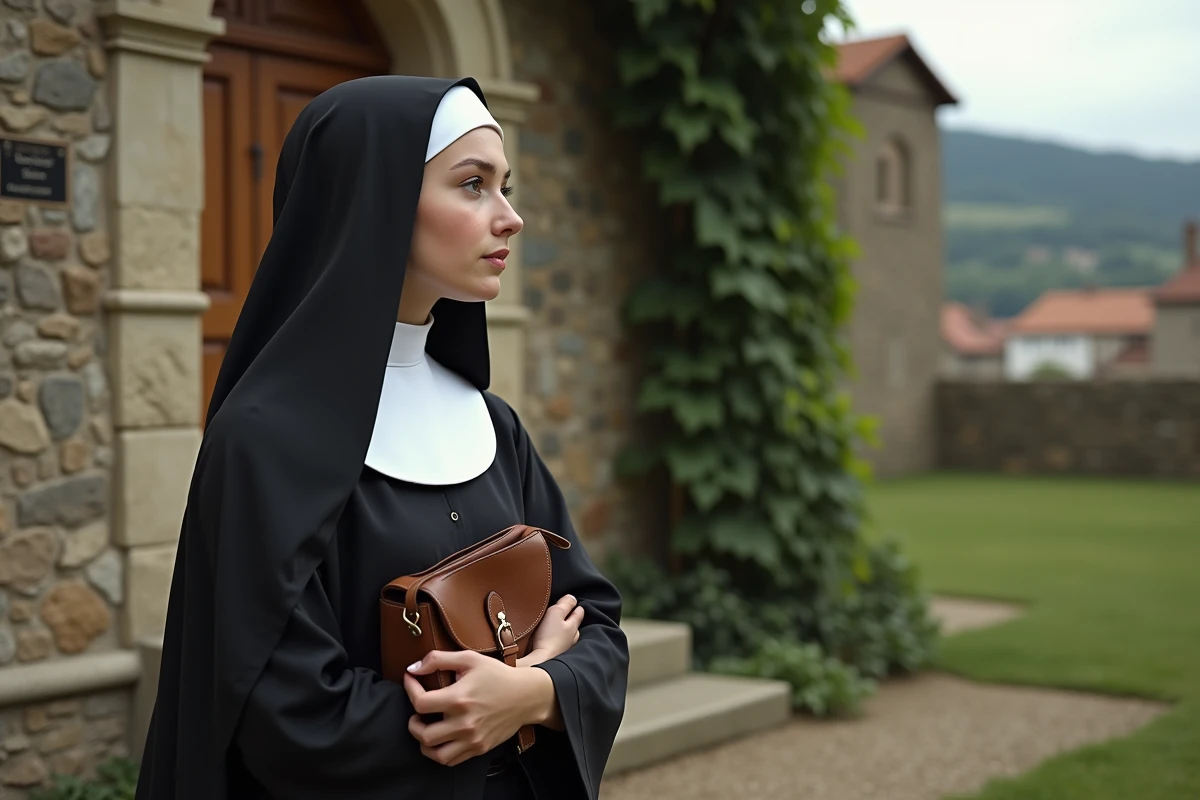 Jeune religieuse dehors près de la chapelle en méditation