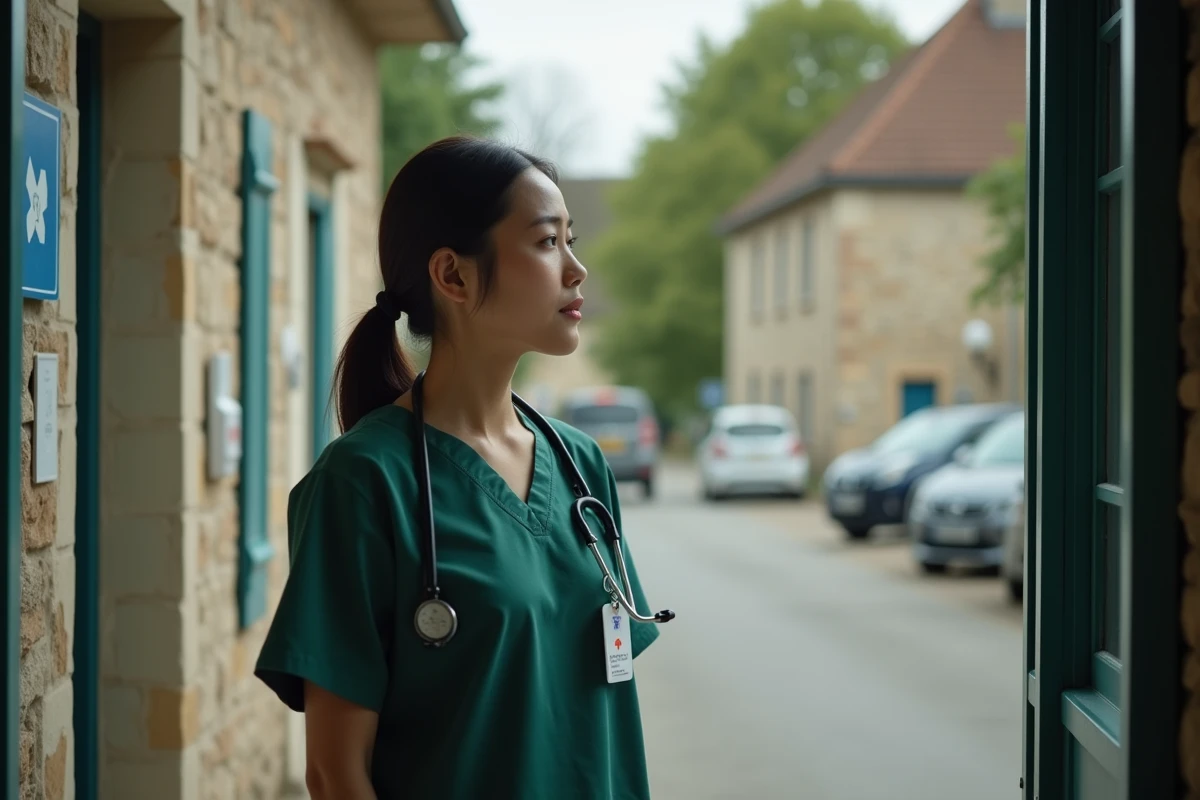 Médecin étrangère devant une clinique médicale rurale en France regardant vers la rue du village