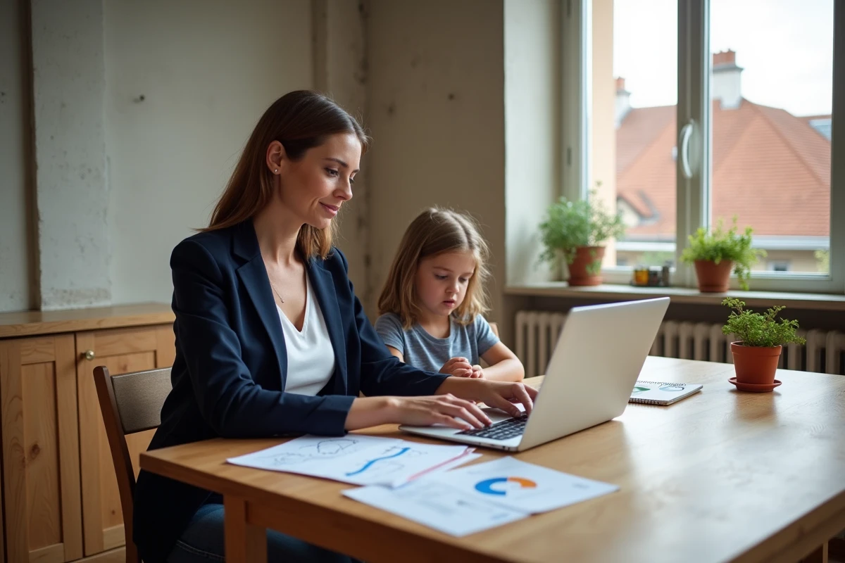 Mère de famille consultant des annonces immobilières sur ordinateur dans un appartement lyonnais