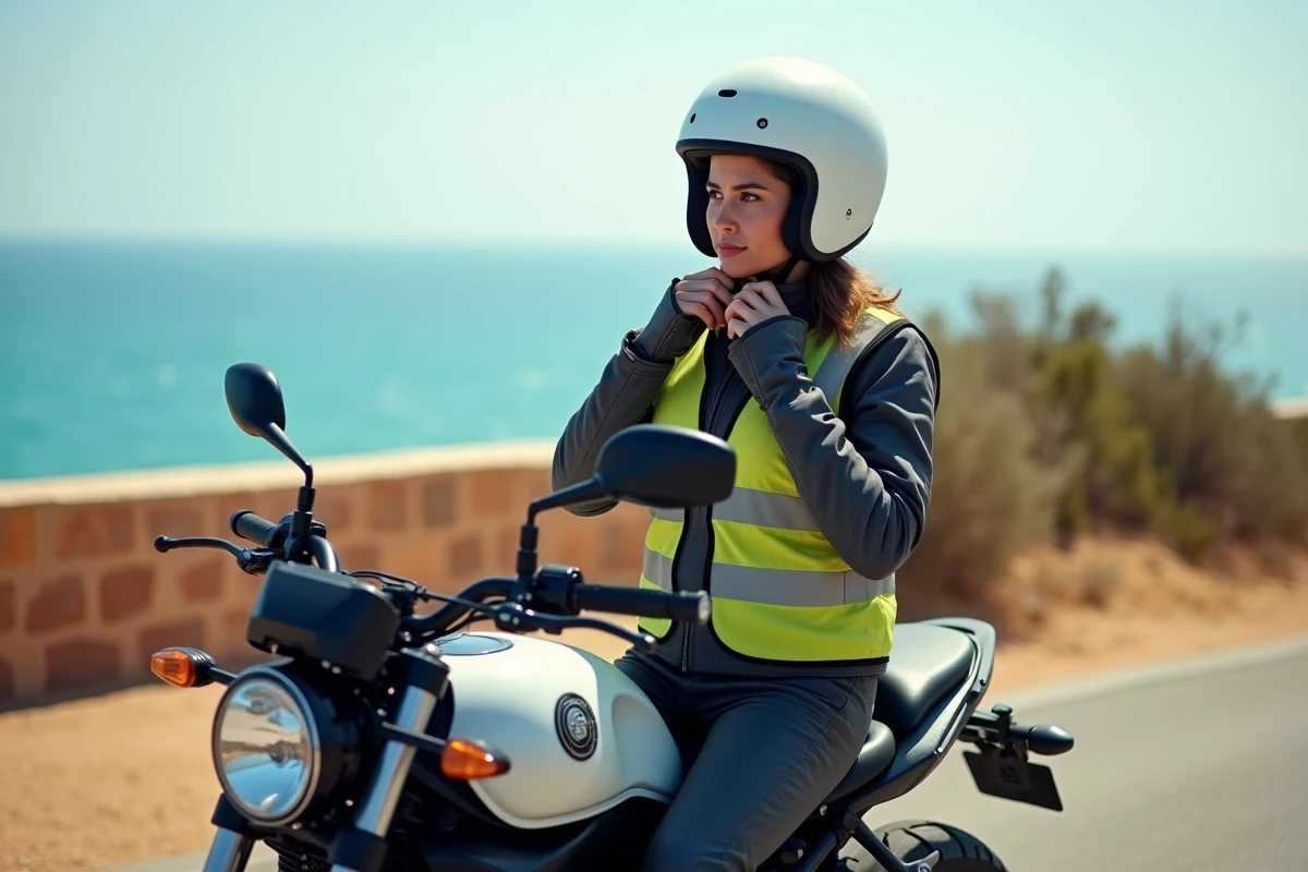 Motarde ajustant son casque homologué avec gilet haute visibilité sur une route côtière espagnole, équipement réglementaire moto
