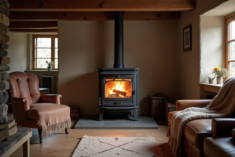 Poêle à bois en fonte installé dans un salon normand cosy à Caen avec mur en pierre et poutres apparentes