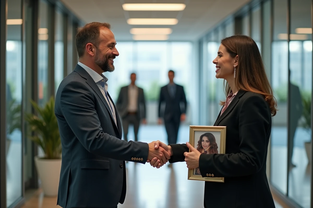Un homme et une femme collègues échangeant une poignée de main sincère dans un couloir de bureau lors d'un départ, avec un cadre photo et un sac cadeau