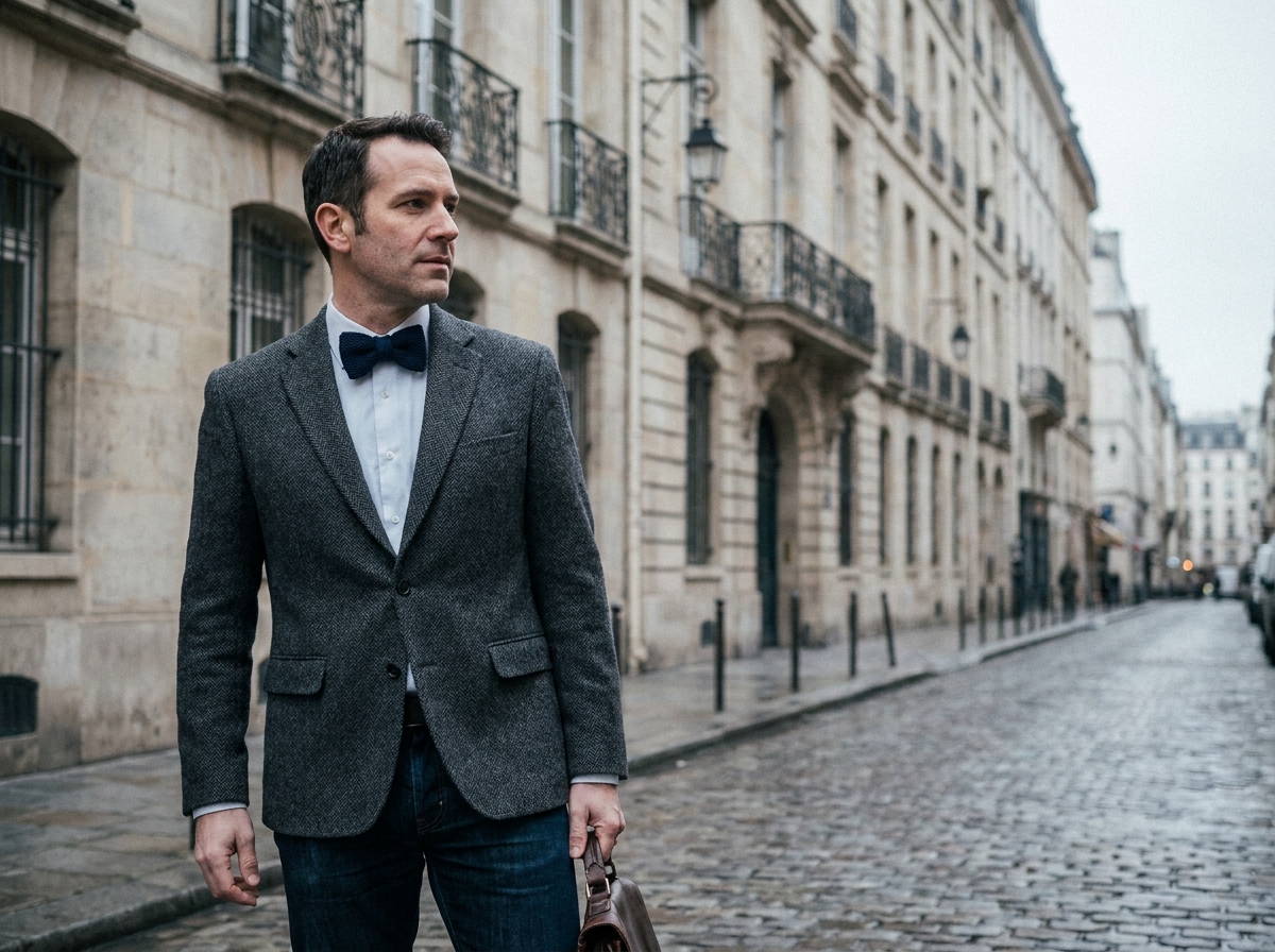 Homme élégant en blazer gris chiné et nœud papillon en tricot bleu marine dans une rue pavée européenne