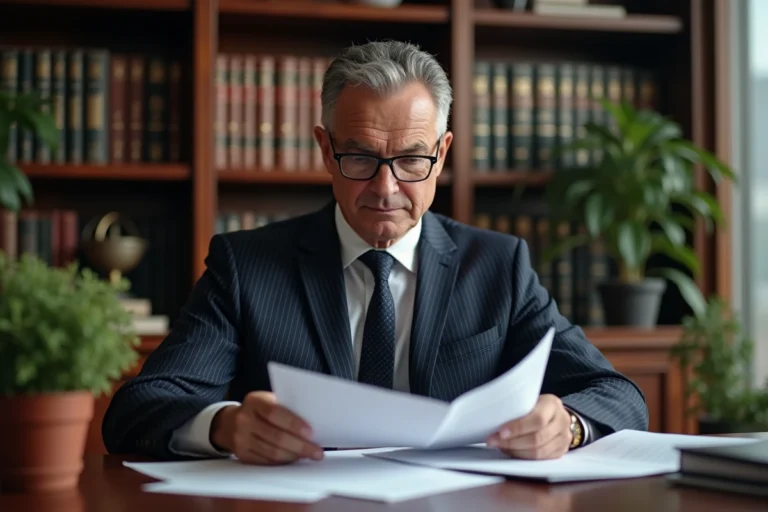 Portrait professionnel d'un dirigeant expérimenté dans un bureau exécutif consultant des documents financiers