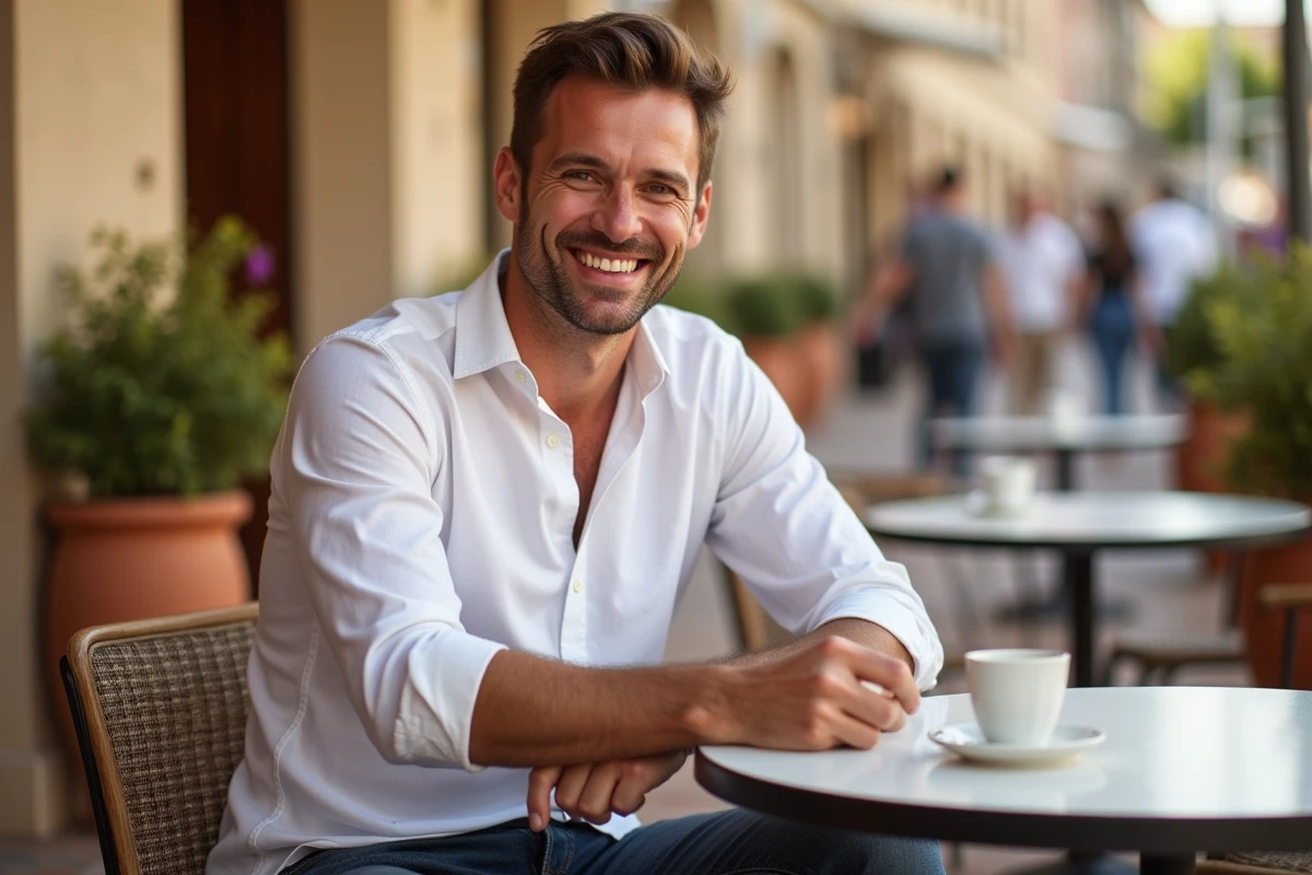 Retrato descontraído de um homem sorridente em uma varanda de café mediterrâneo, evocando o ambiente familiar de um jogador de futebol profissional