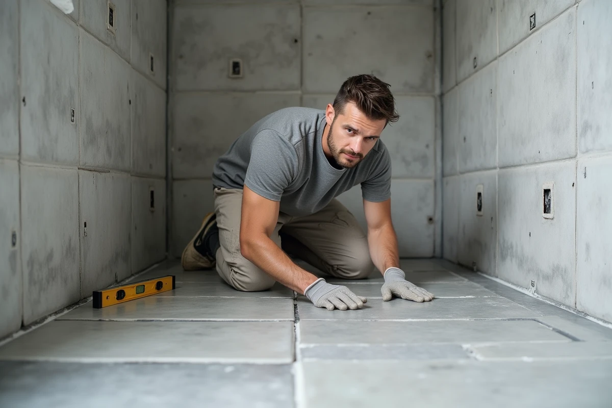 Homme posant des carreaux en céramique grise dans une salle de bain en cours de rénovation
