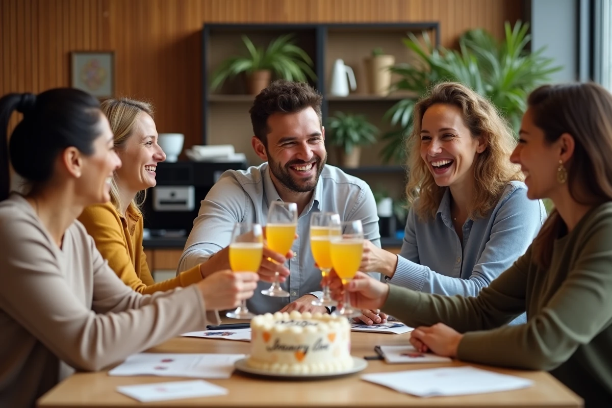Groupe de collègues réunis autour d'un gâteau d'adieu dans la salle de pause d'un bureau, portant un toast avec des verres de jus