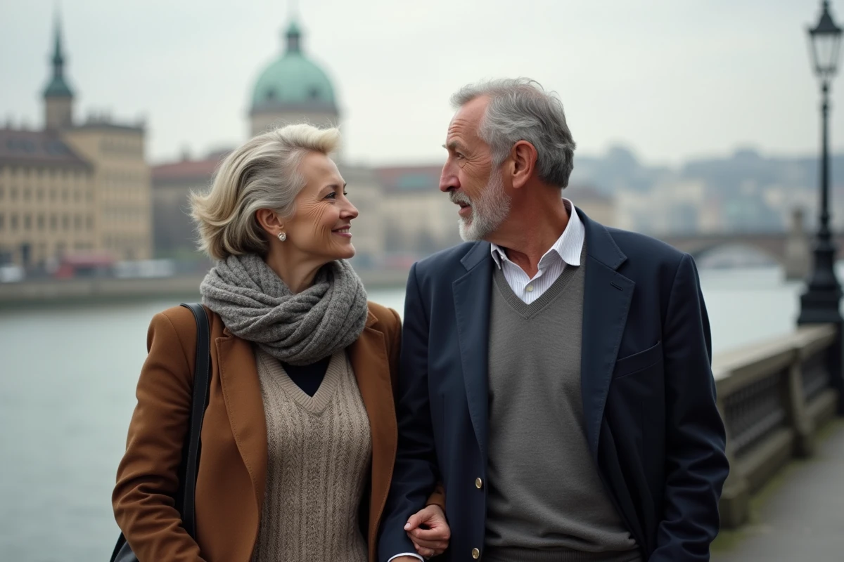 Homme et femme âgés se promenant au bord de la rivière