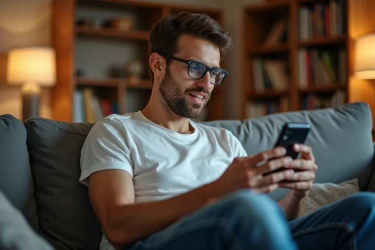Jeune homme regardant un match de cricket en direct sur son smartphone dans un salon moderne