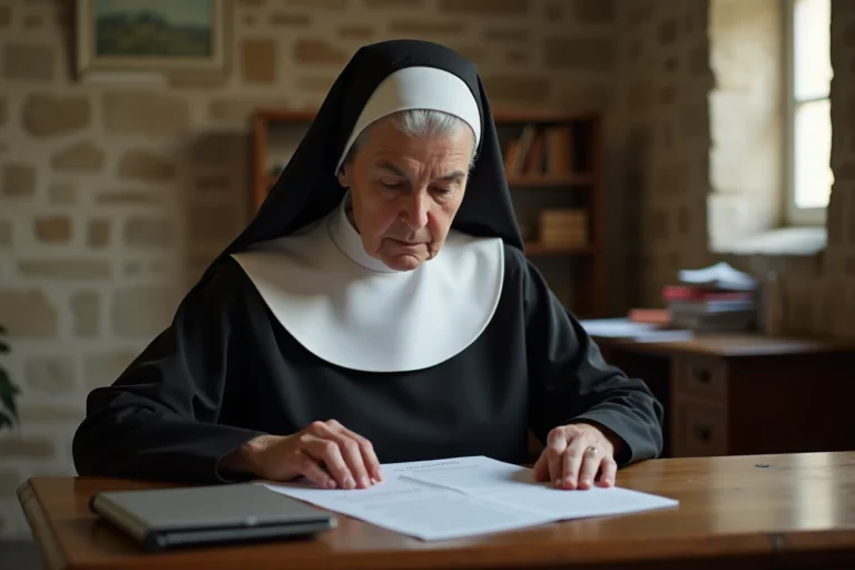 Soeur religieuse lisant des papiers dans un bureau modeste