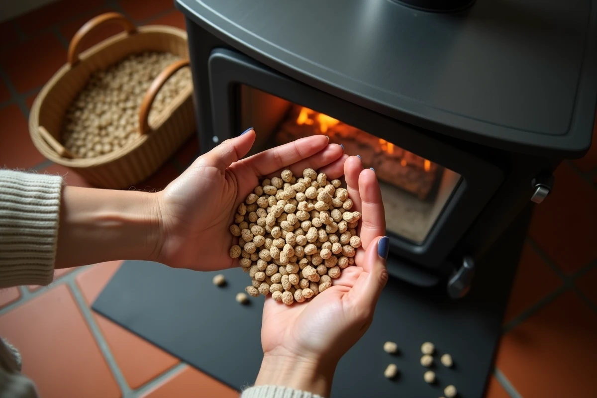 Femme remplissant le réservoir d'un poêle à pellets avec des granulés de bois dans une maison à Caen