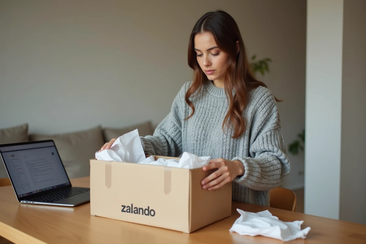 Femme repliant un vêtement dans un colis Zalando pour un retour depuis son appartement