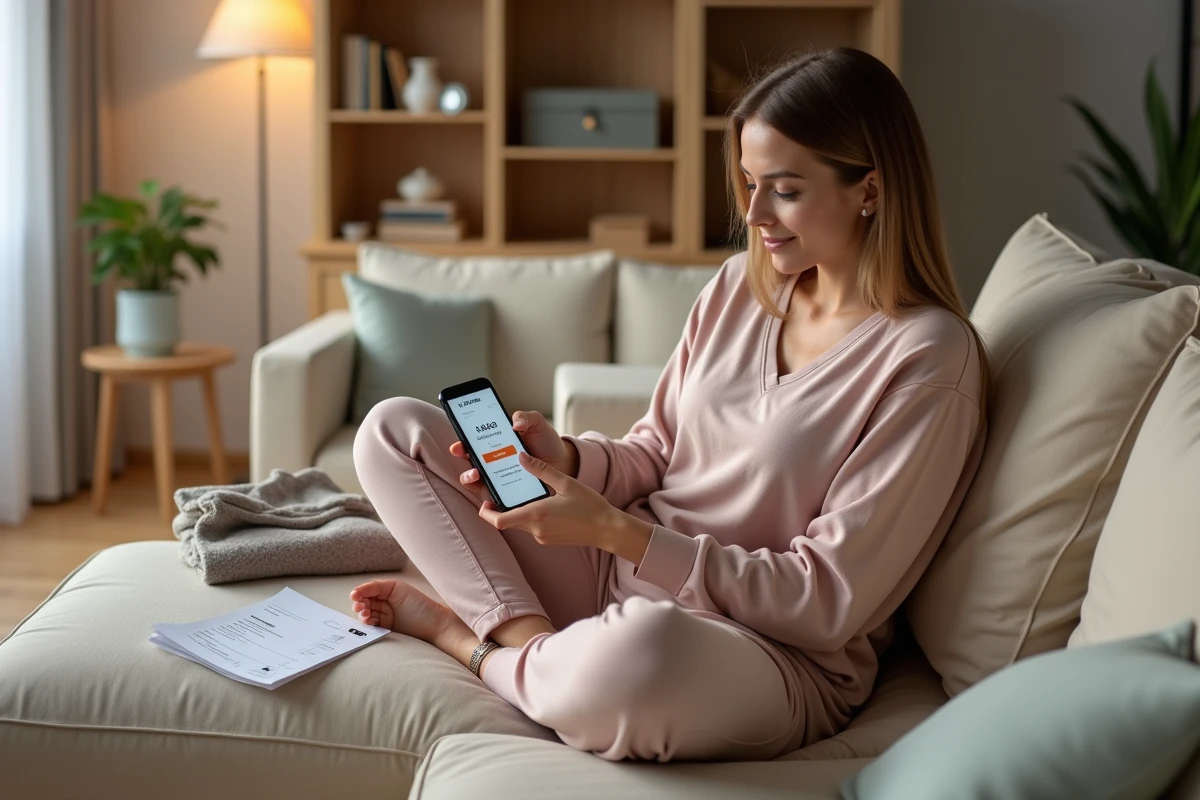 Jeune femme initiant un retour Zalando sur l'application mobile depuis son canapé