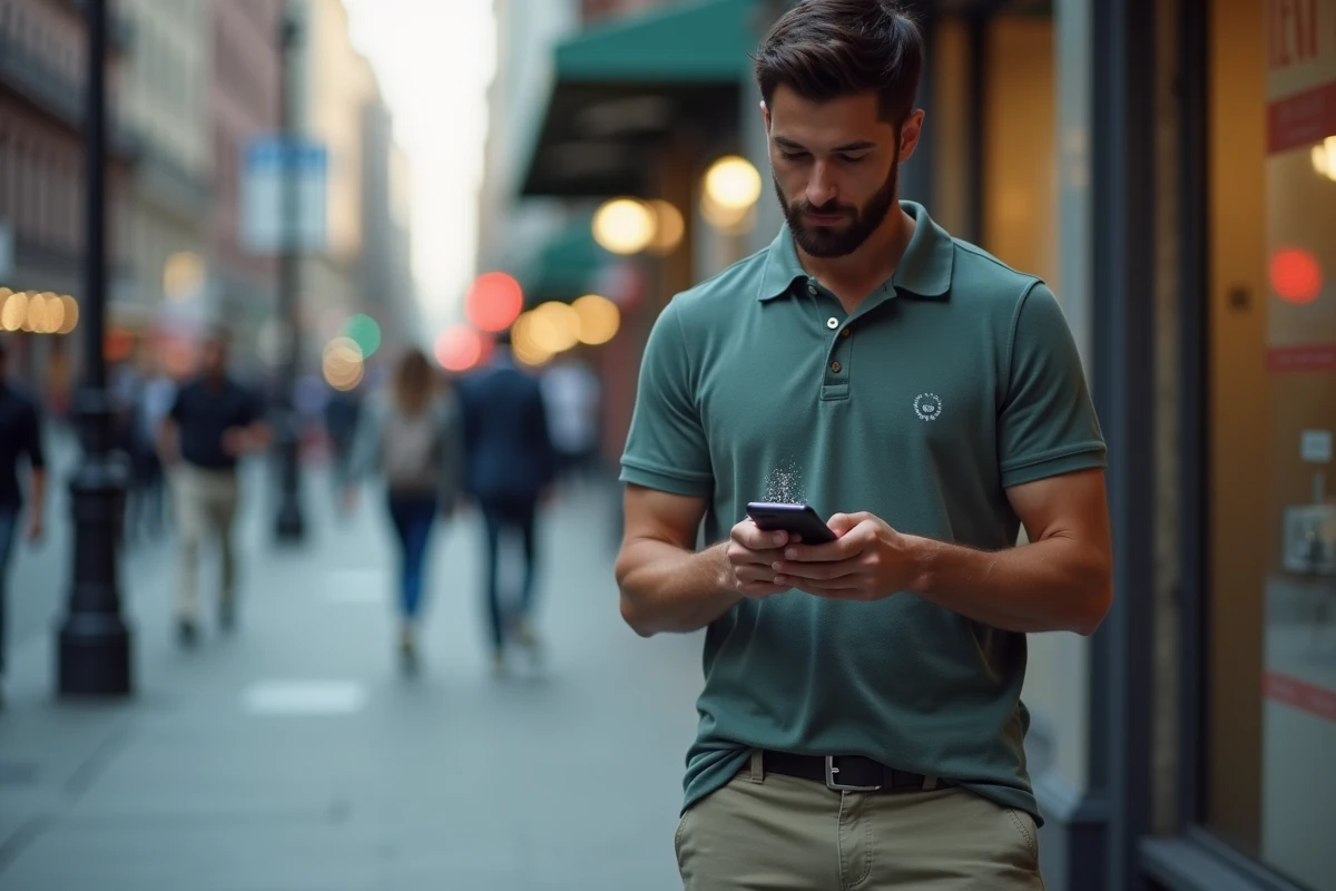 Homme consultant les scores de cricket en direct sur mobile dans une rue animée en ville