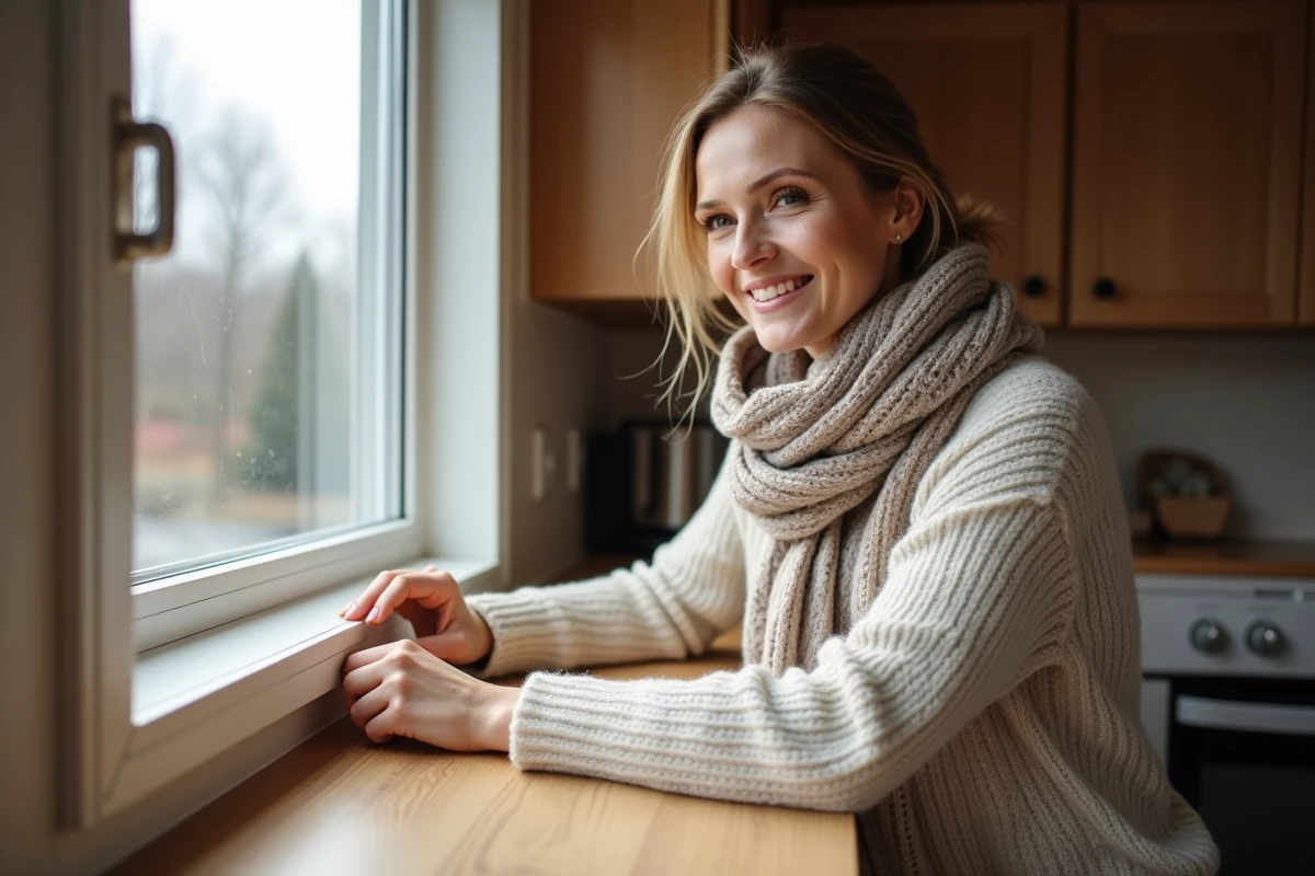 Femme scellant une fenêtre de mobile home avec du ruban d