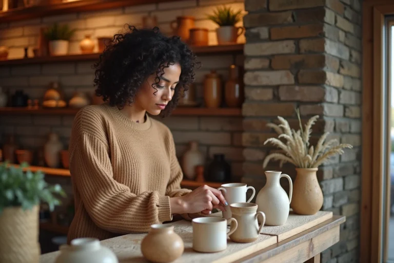 Femme parcourant une sélection de cadeaux artisanaux dans une boutique originale aux murs en briques