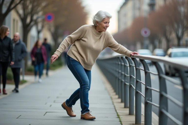 Femme senior perdant l'équilibre sur le trottoir urbain