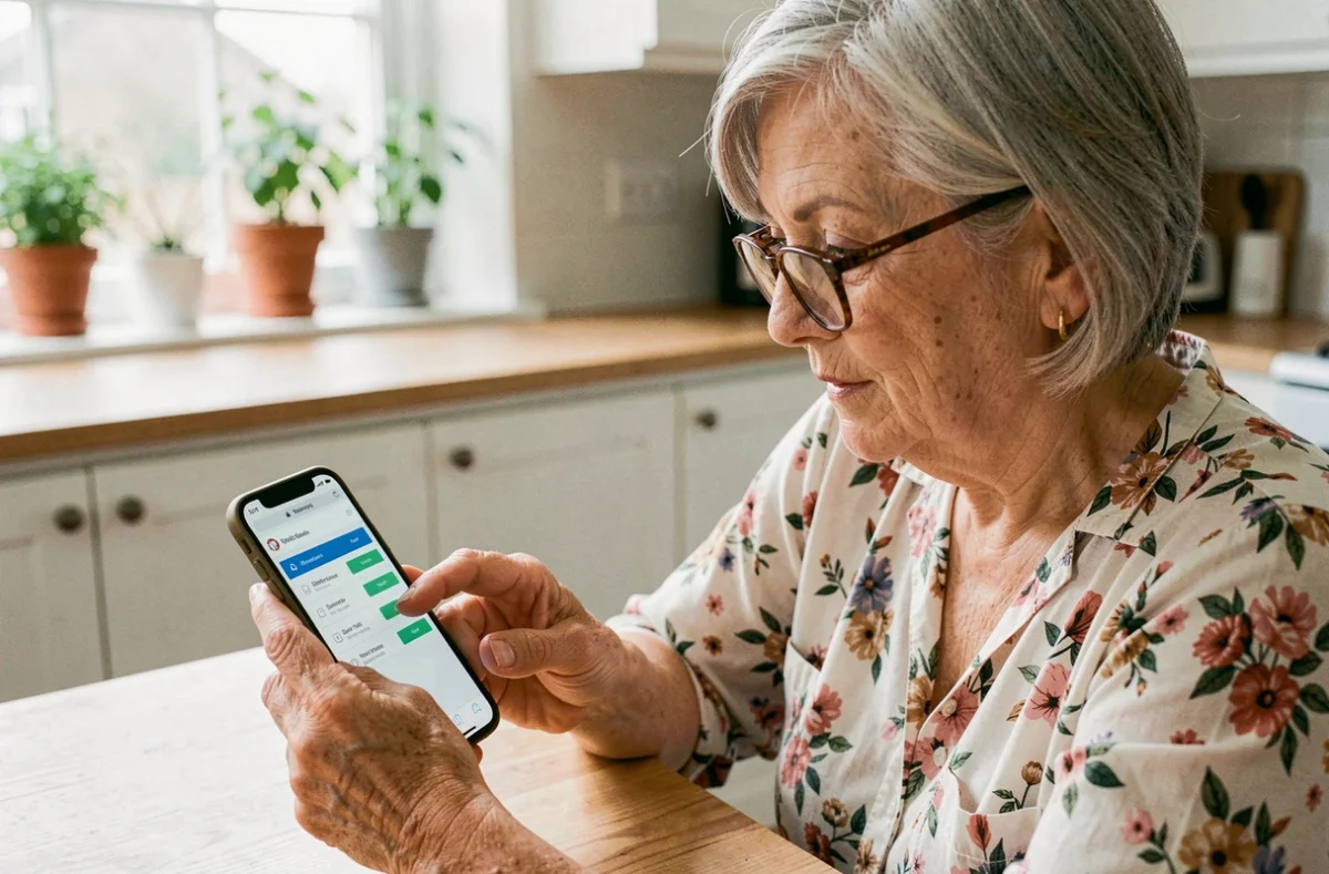 Femme âgée utilisant son smartphone pour explorer le plan de navigation du site Pharma Planet dans sa cuisine