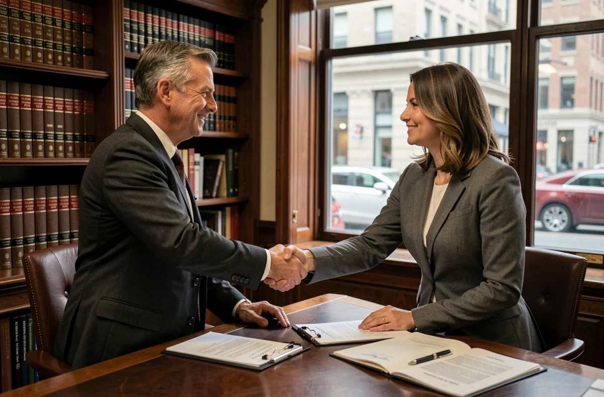 Deux professionnels signant un accord commercial B2B dans un cabinet juridique