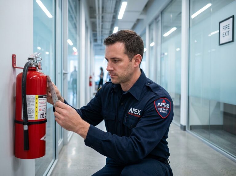 Technicien en sécurité incendie inspectant un extincteur dans un couloir de bureau moderne