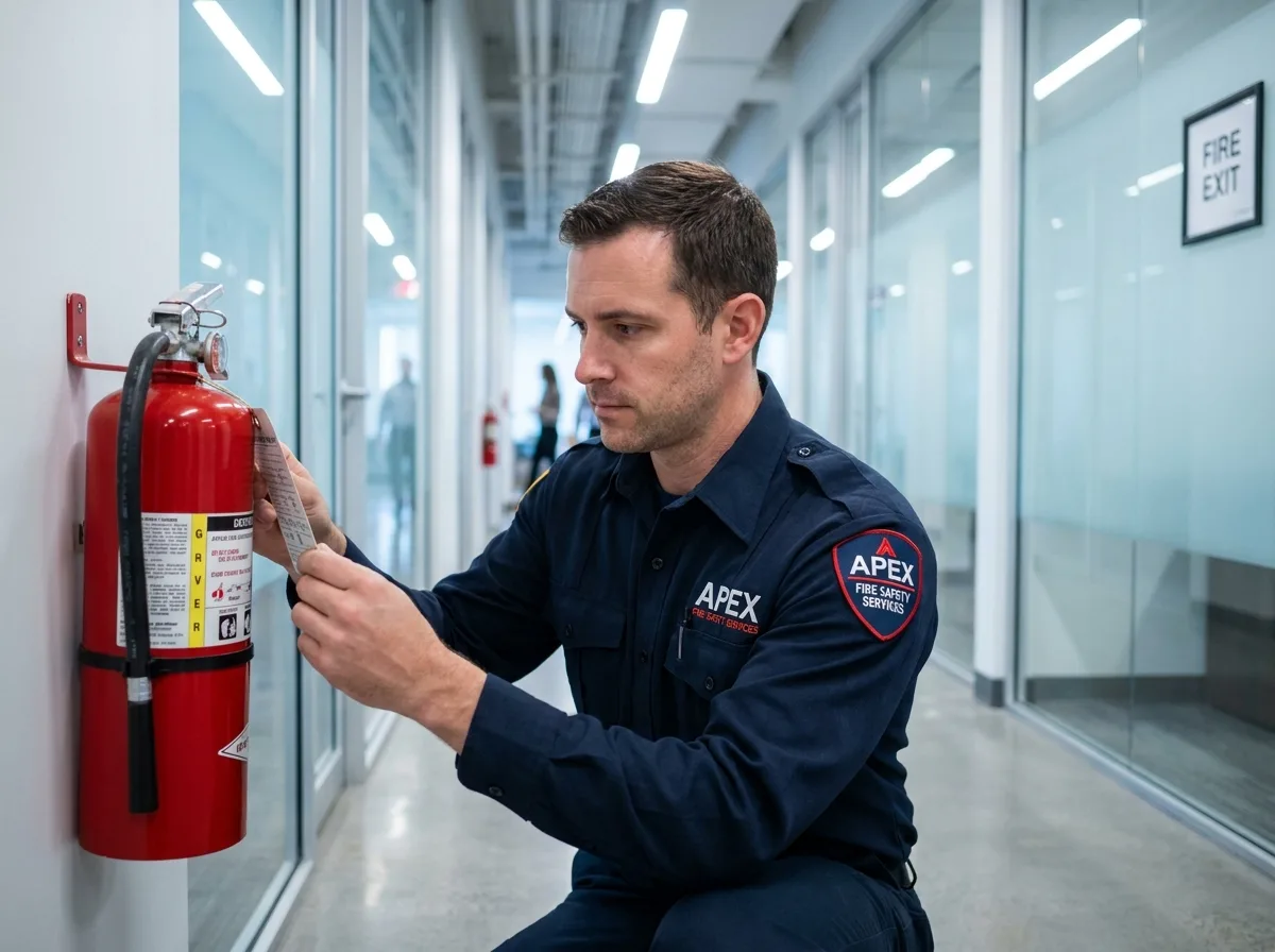 Technicien en sécurité incendie inspectant un extincteur dans un couloir de bureau moderne