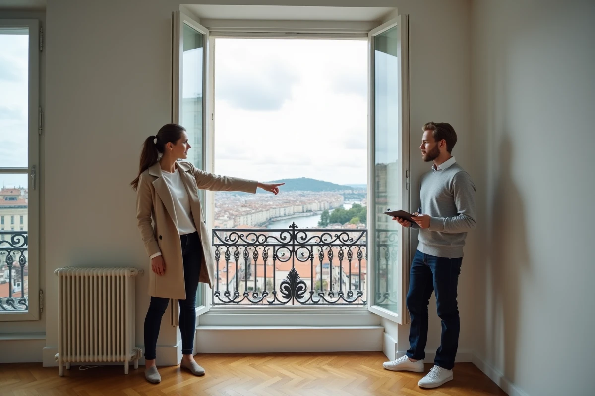 Couple visitant un appartement vide à Lyon avec vue sur la Saône et la colline de Fourvière